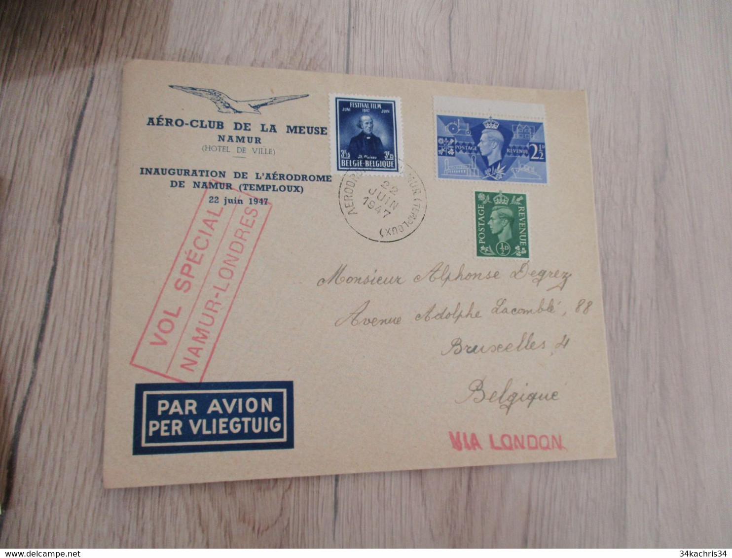 Belgie Belgique Aviation Affranchissement Grande Bretagne Vols Spécial Namur Londres 1947 3 TP - Storia Postale