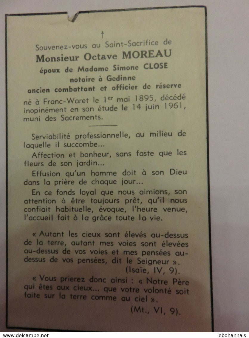 Décès Octave MOREAU époux Simone CLOSE Notaire Né à FRANC-WARET En 1895 Et Décédé à GEDINNE En 1961 - Décès