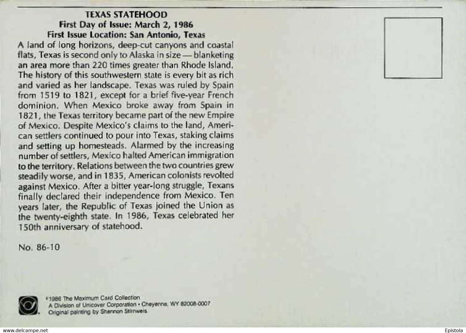 ► USA Texas Statehood - Maximum Card - First Day SAN ANTONIO TX 1836 1986 - Cartoline Maximum