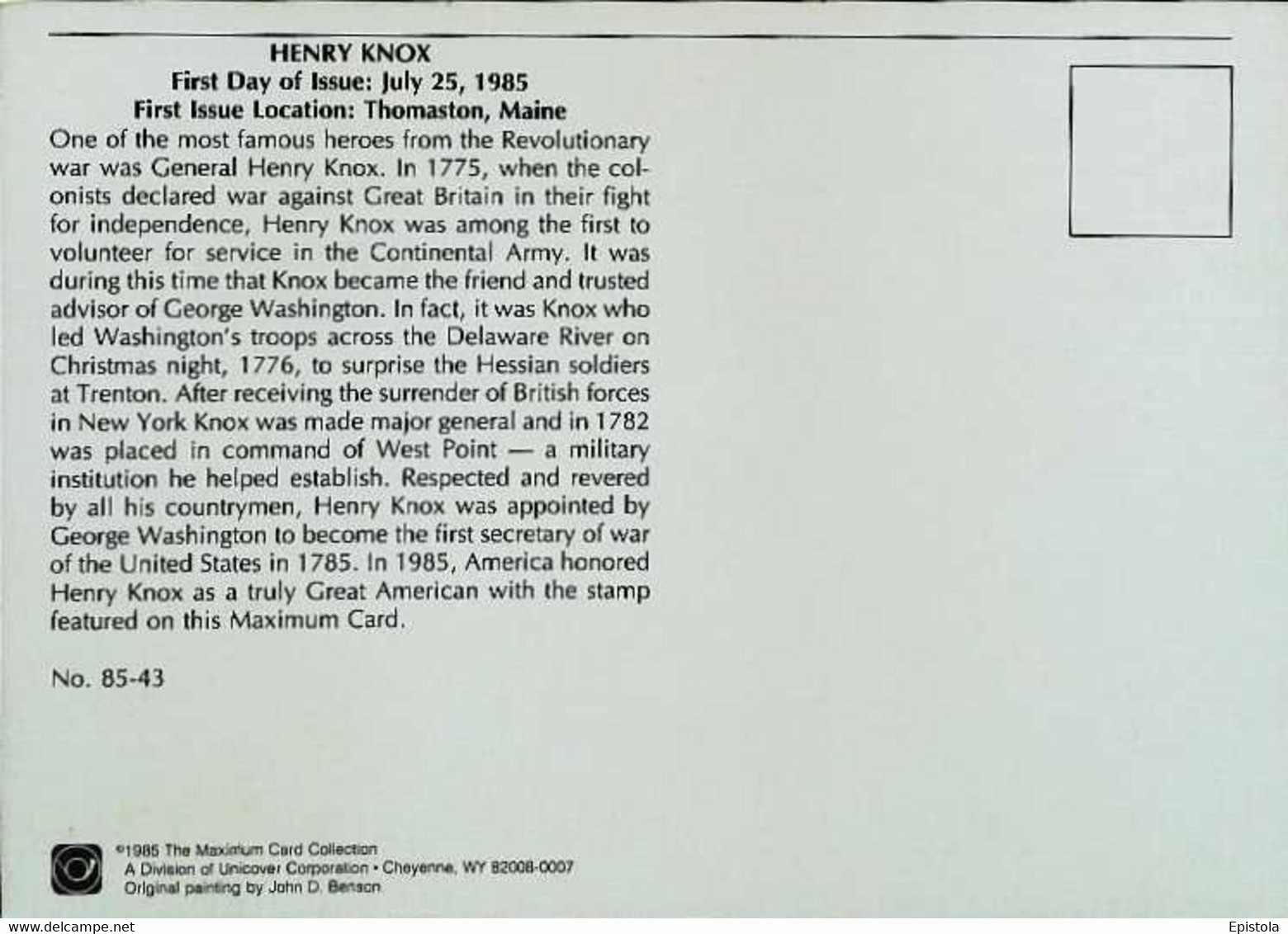 ► USA  Thomastone ,Maine  General HENRY KNOX  (Revolutionary War) - 1985 Maximum Card - FDC  First Day - Maximum Cards