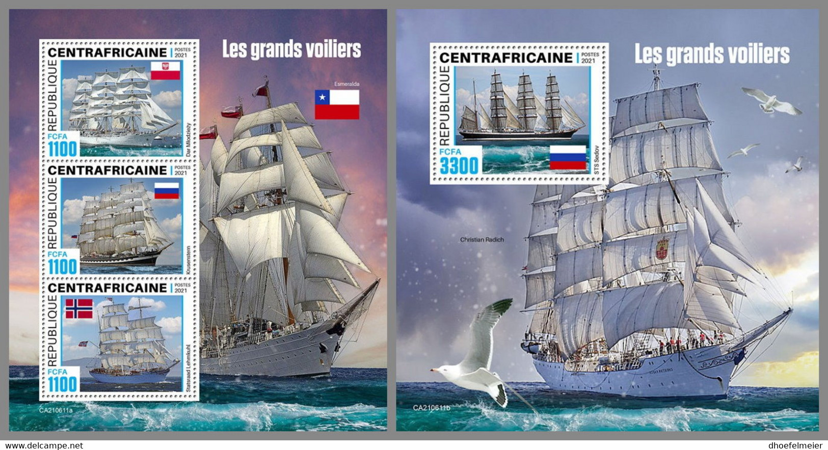 CENTRAL AFRICAN 2021 MNH Tall Ships Großsegler Segelschiffe Grands Voiliers M/S+S/S - OFFICIAL ISSUE - DHQ2151 - Barche