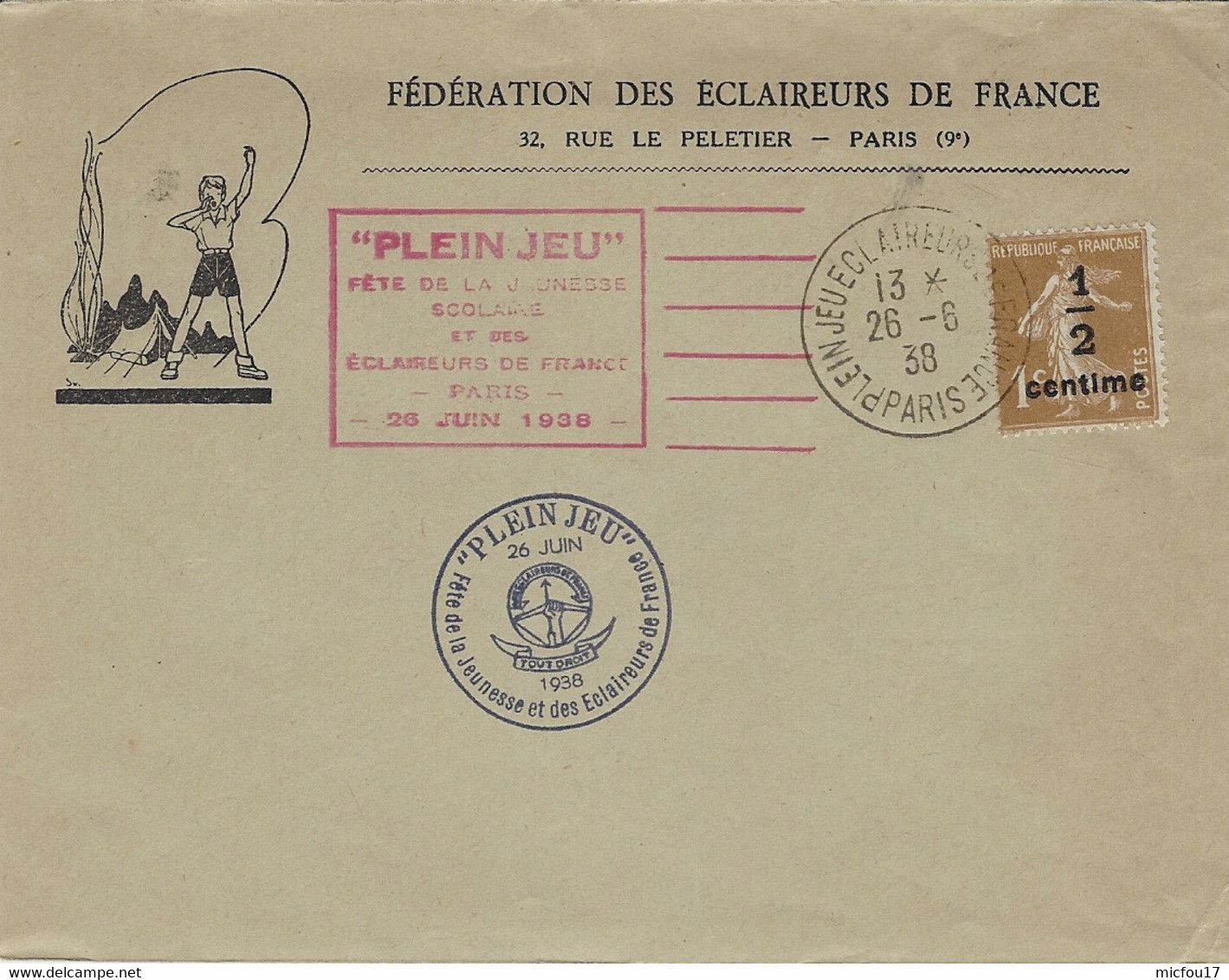 1938- Env. Ouverte Illustrée Affr.  N°279 A  Semeuse 1 C / Surcharge1/2 C Oblit. Cad PLEIN JEU ECLAIREURS DE FRANCE - 1921-1960: Periodo Moderno