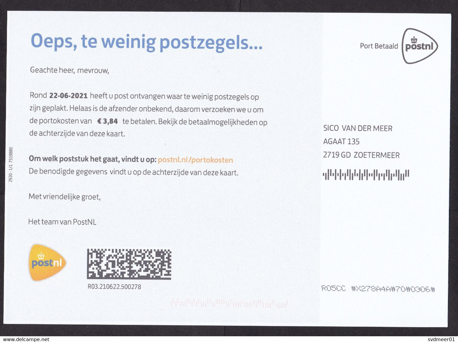 Netherlands: Official Postcard, 2021, You Received Taxed Mail Without Sender Address, Postage Due To Pay (traces Of Use) - Cartas & Documentos