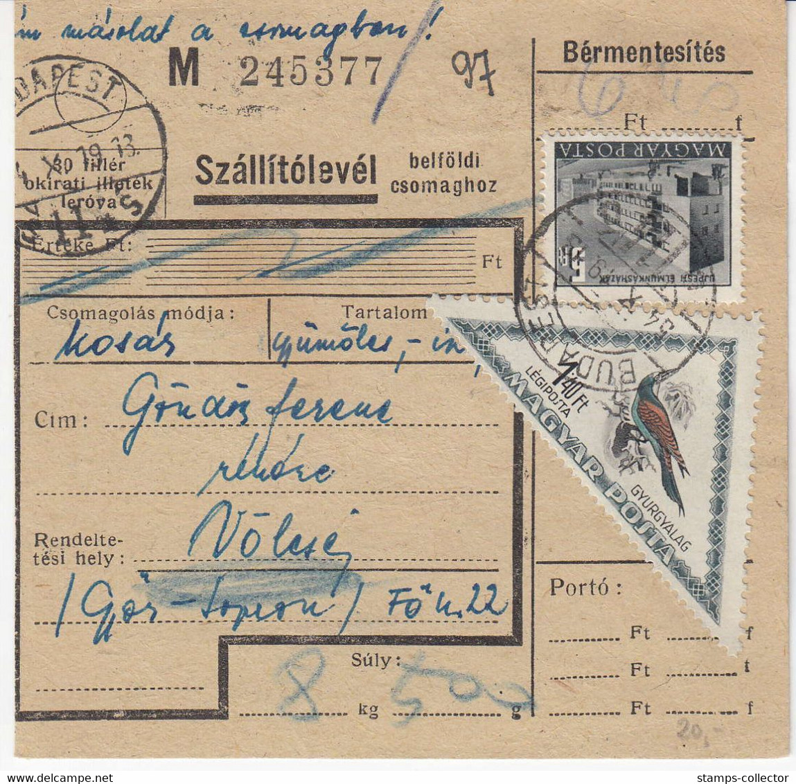 HUNGARY. Ungarn, 1954. Card, Box With 9,5 Kilo - Colis Postaux