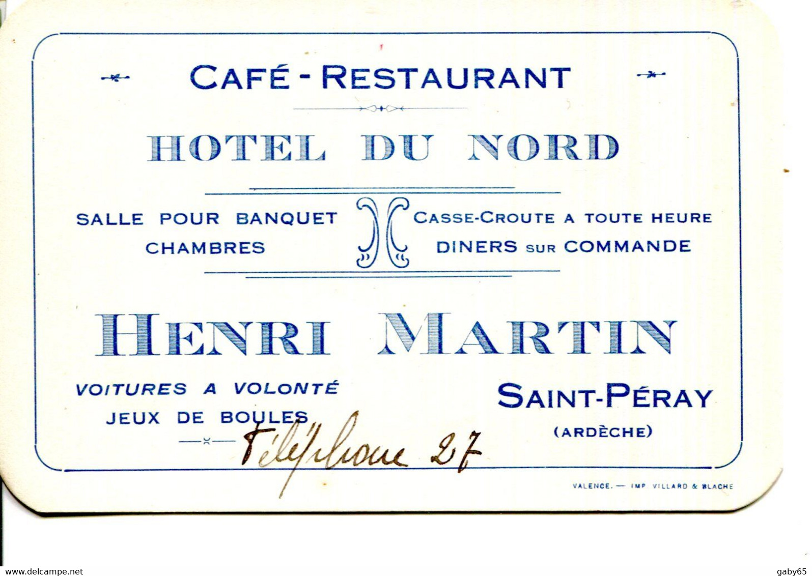 07.ARDECHE.SAINT PERAY.CARTE DE VISITE.CAFE RESTAURANT.HOTEL DU NORD.HENRI MARTIN. - Non Classés