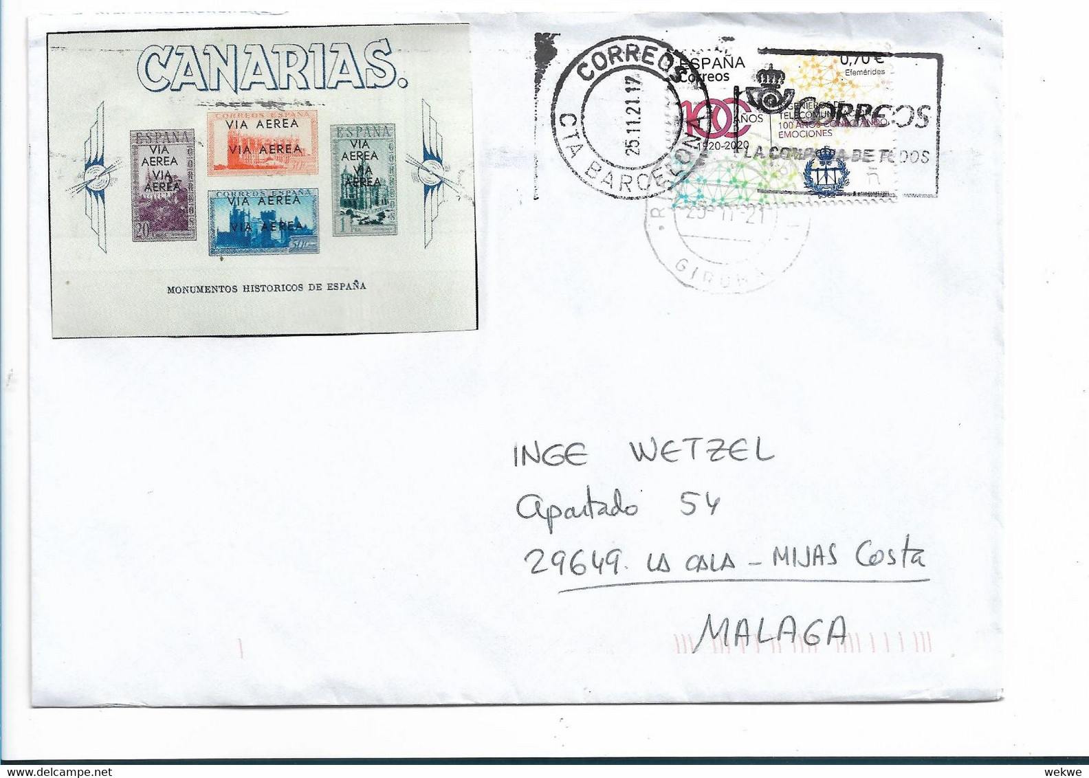 EP371 / SPANIEN - Inlandbrief 2021 Ex Barcelona Nach Malaga - Storia Postale