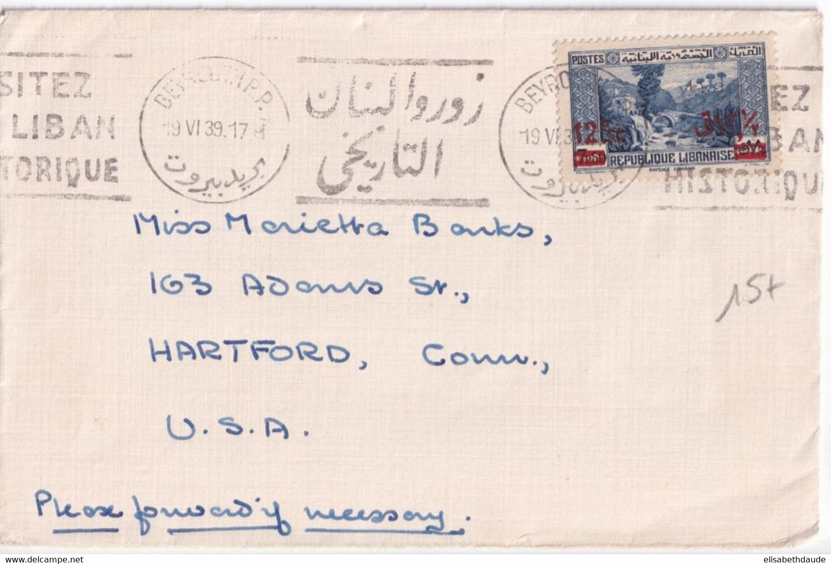 LIBAN - 1939 - ENVELOPPE De BEYROUTH => HARTFORD (USA) ! - Briefe U. Dokumente