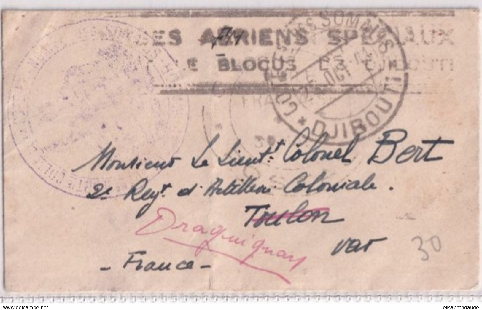 COTE DES SOMALIS - 1941 - ENVELOPPE FM PETIT FORMAT - BLOCUS DE DJIBOUTI ! => TOULON - Covers & Documents