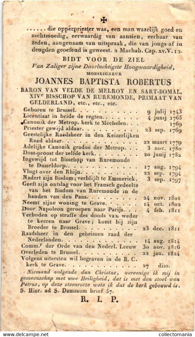 1 Gravure Monseigneur  Johannes Baptista Robertus  Baron Van Velde De Melroy En Sart - Bomal Bisschop V Ruremonde  1824 - Obituary Notices