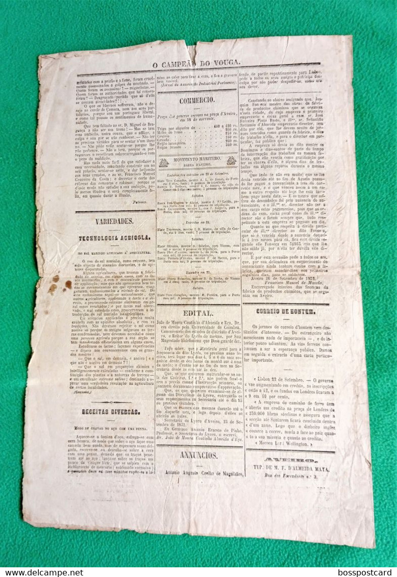 Angeja  - Aveiro - Montemor-o-Velho -Coimbra - Jornal  O Campeão Do Vouga Nº 48, 26 De Setembro De 1852 - Portugal - Informations Générales