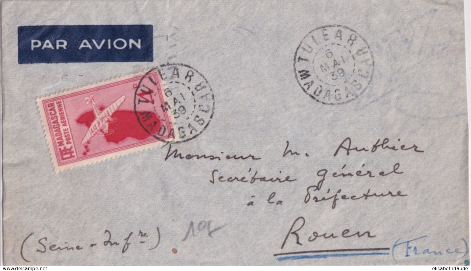 MADAGASCAR - 1939 - POSTE AERIENNE SEUL SUR LETTRE ! De TULEAR => ROUEN - Storia Postale