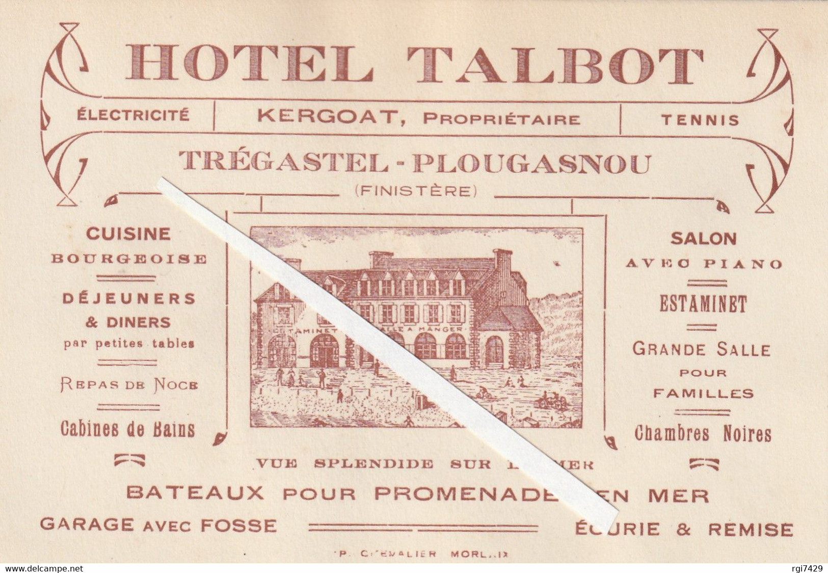 Carte De Commerce--(8,5 X 12 Cm)---hotel Talbot---tregastel--(traces Collage Au Dos) - Plougasnou