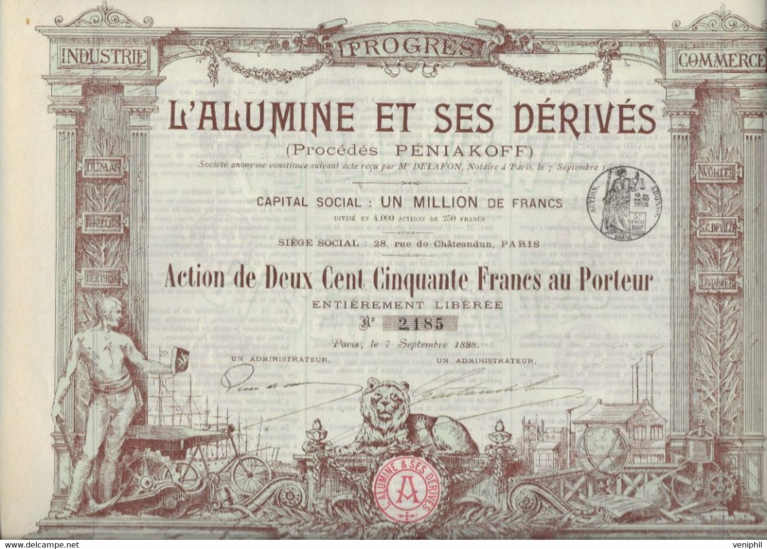L'ALUMINE ET SES DERIVES -PROCEDE PENIAKOFF - DIVISE EN 4000 ACTIONS DE DEUX CENT CINQUANTE FRANCS -ANNEE 1898 - Mijnen