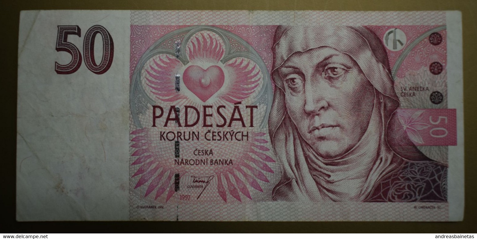 Banknotes Czech Republic 50 Korun 1997 F Pink Heart Emblem, And St. Agnes Of Bohemia (Sv. Anežka Česká) - República Checa