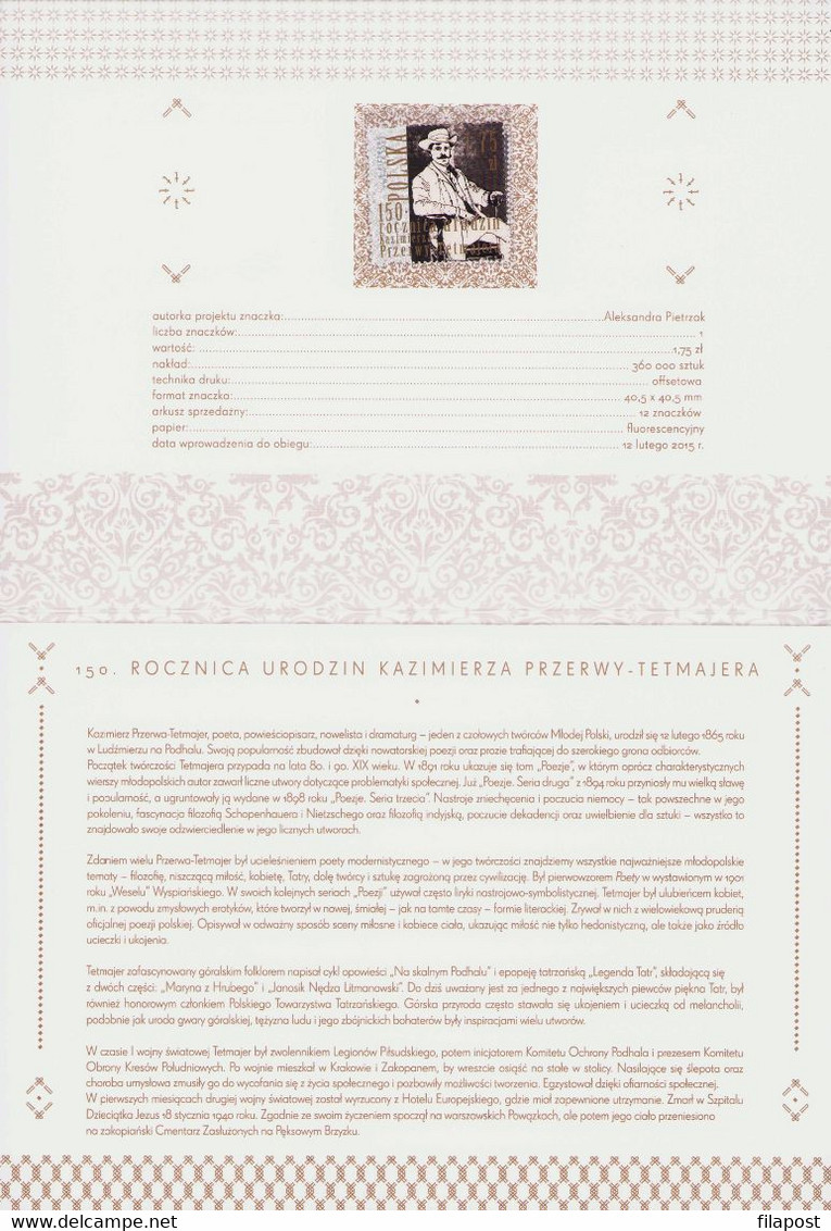 POLAND 2015 Booklet / 150th Anniversary Of Birthday Kazimierz Przerwa-Tetmajer Writer / FDC + Stamp MNH** - Markenheftchen