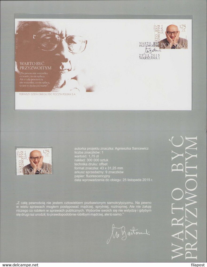 Poland 2015 Booklet, It Is Worth Being Decent Wladyslaw Bartoszewski Historian Publicist Journalist, FDC + Stamp MNH** - Booklets