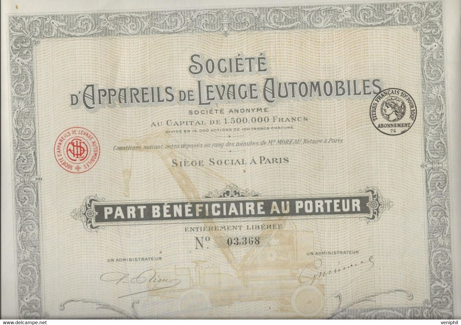 SOCIETE D'APPAREILS DE LEVAGE AUTOMOBILES - PART BENEFICIAIRE  - - Cars