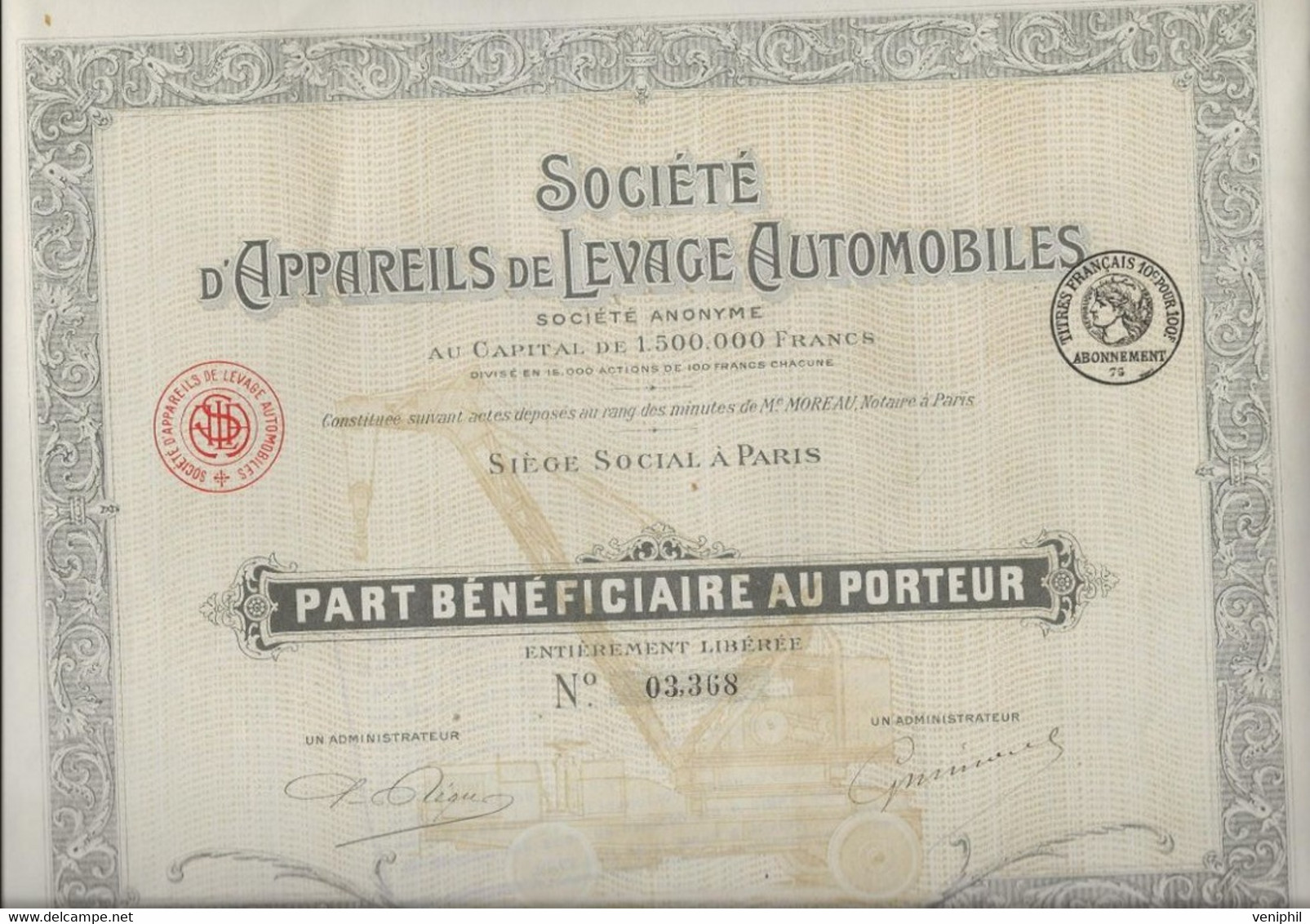 SOCIETE D'APPAREILS DE LEVAGE AUTOMOBILES - PART BENEFICIAIRE  - - Automobile