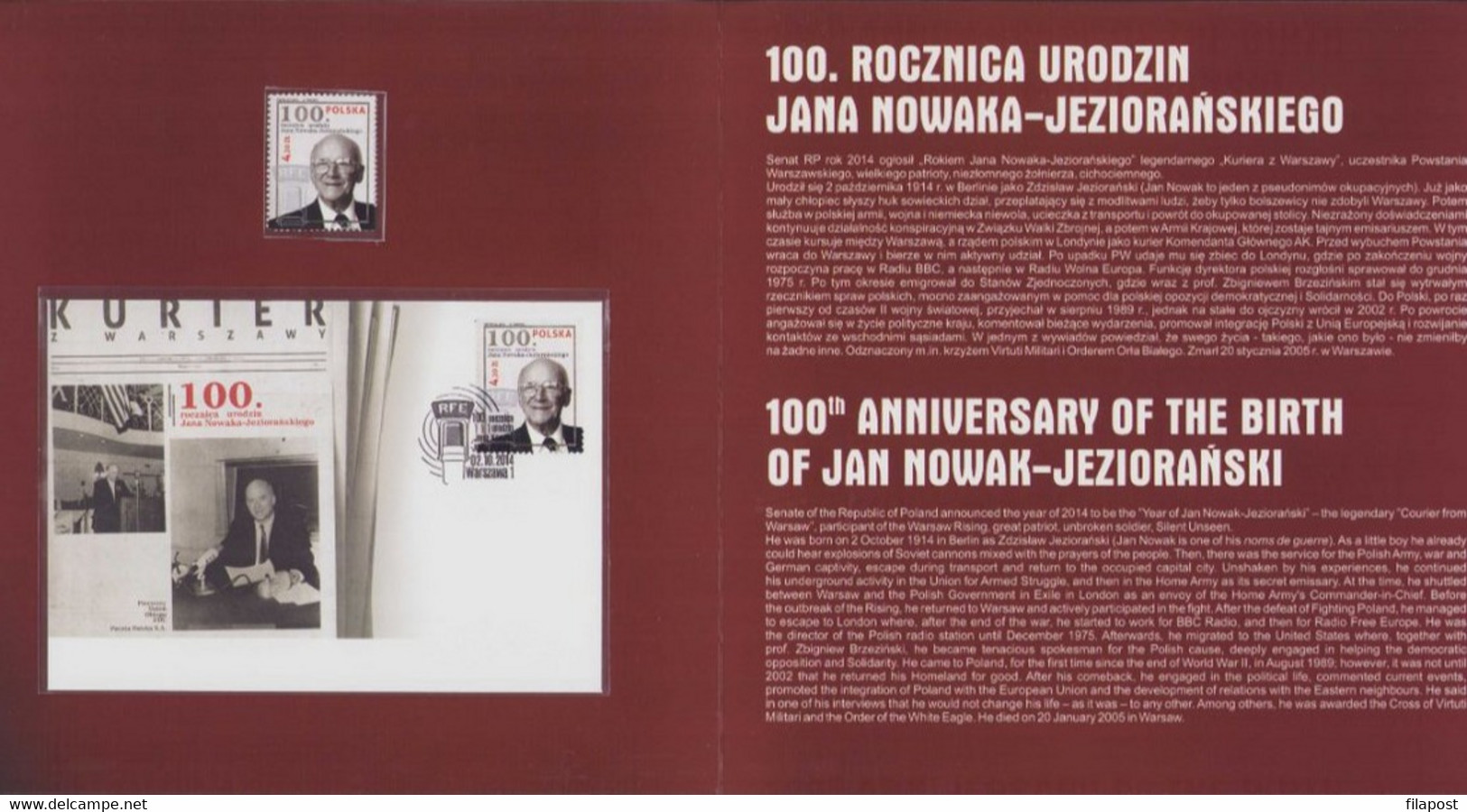 POLAND 2014 Booklet / 100th Birthday Of Jan Nowak Jezioranski RFE Free Europe Radio, FDC + Stamp **MNH - Libretti