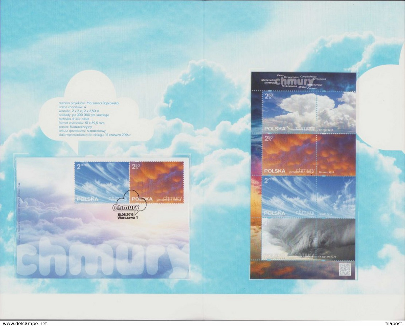 2016 Poland Beautiful Booklet / Clouds, Sky, Cumulonimbus, Cirrus, Weather, Nature, Cloud / 2 FDC + Mini Sheet MNH**FV - Carnets