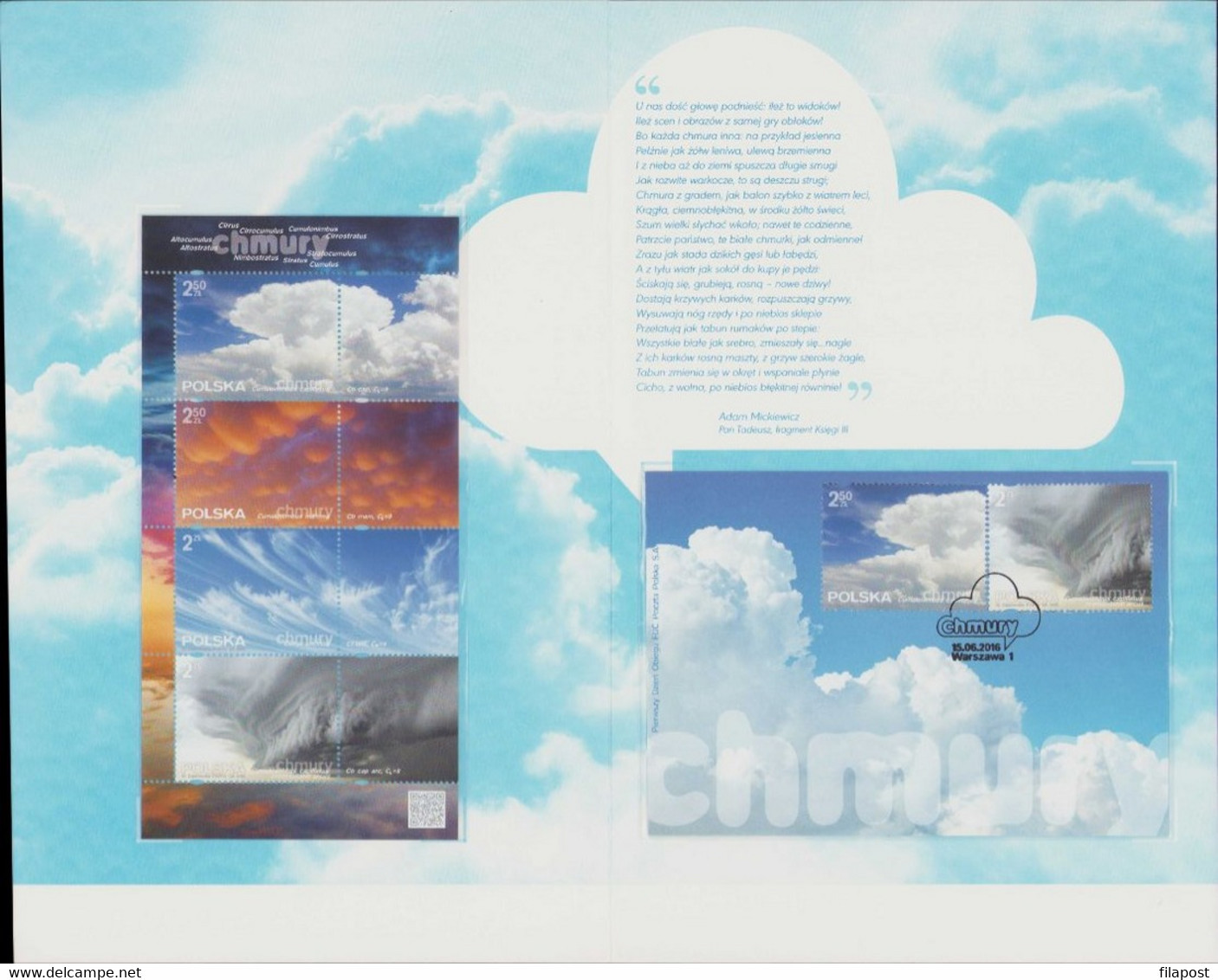 2016 Poland Beautiful Booklet / Clouds, Sky, Cumulonimbus, Cirrus, Weather, Nature, Cloud / 2 FDC + Mini Sheet MNH**FV - Cuadernillos