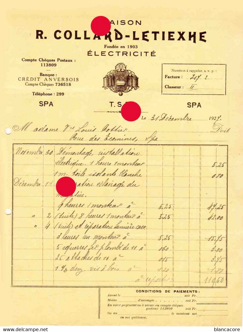 SPA 1927  R. COLLARD LETIEXHE   ELECTRICITE - Électricité & Gaz
