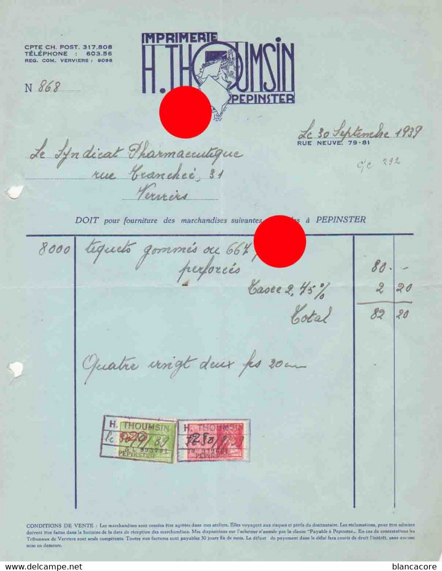 Imprimerie  THOUMSIN PEPINSTER 1939 - Drukkerij & Papieren