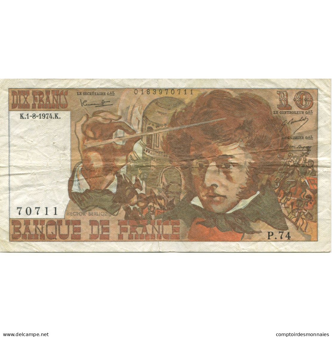 France, 10 Francs, Berlioz, 1974, 1974-08-01, TTB, Fayette:63.6, KM:150a - 10 F 1972-1978 ''Berlioz''