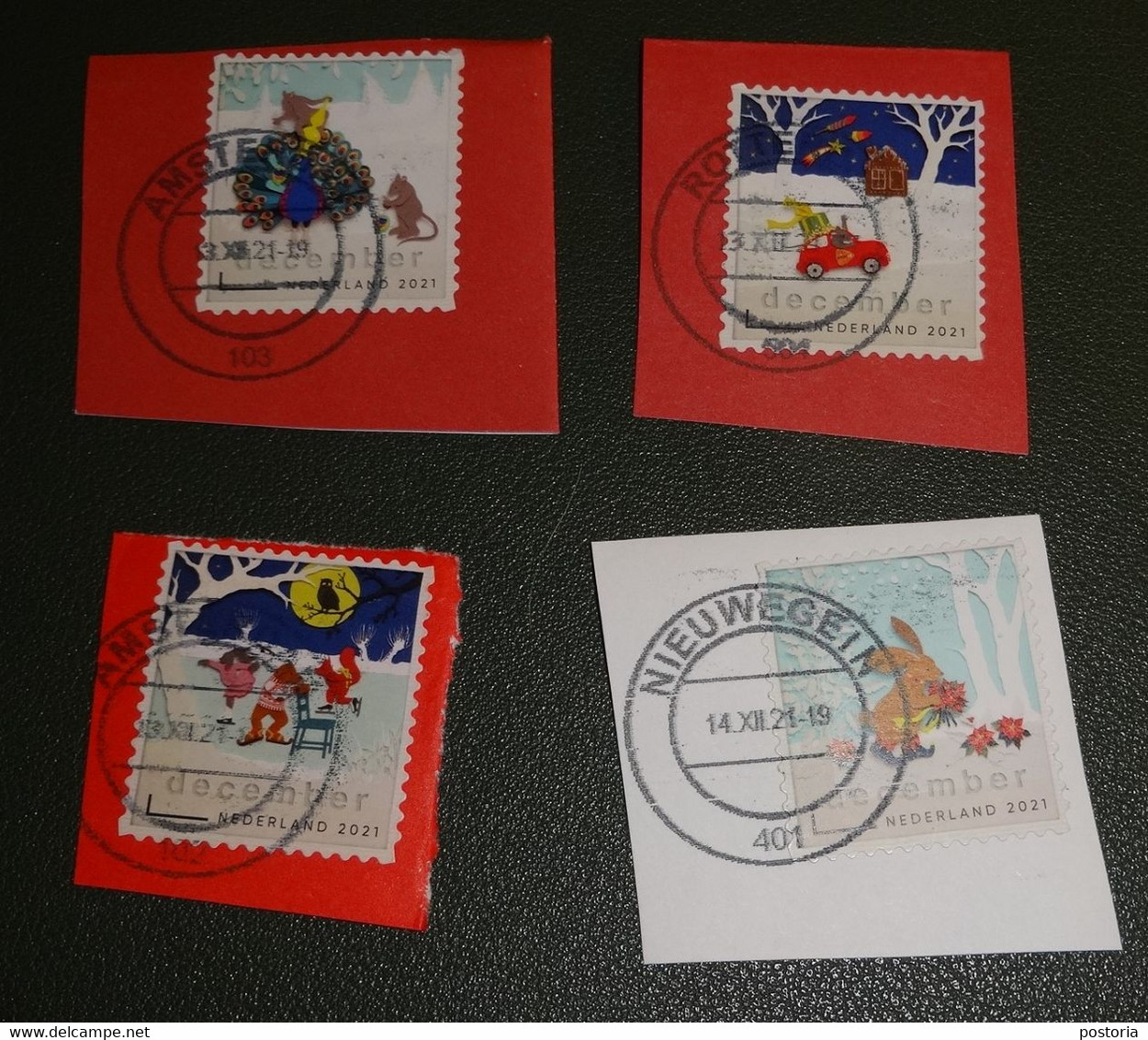 Nederland - NVPH - 2021 - Gebruikt Onafgeweekt -  4 Decemberzegels - December - Kerst - Pauw - Haas - Auto - Schaatsen - Used Stamps