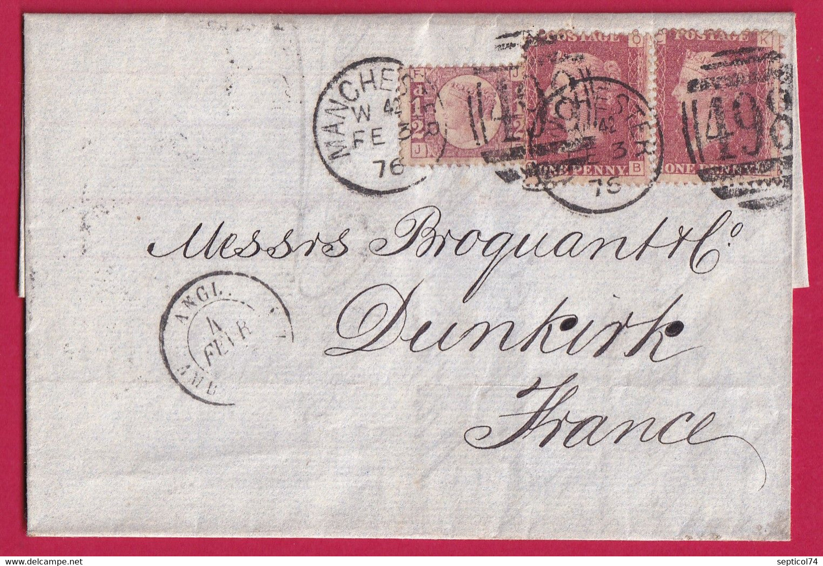 GRANDE BRETAGNE N°26 PAIRE (177) + N°49 (11) MANCHESTER POUR DUNKERQUE NORD LETTRE COVER FRANCE - Covers & Documents