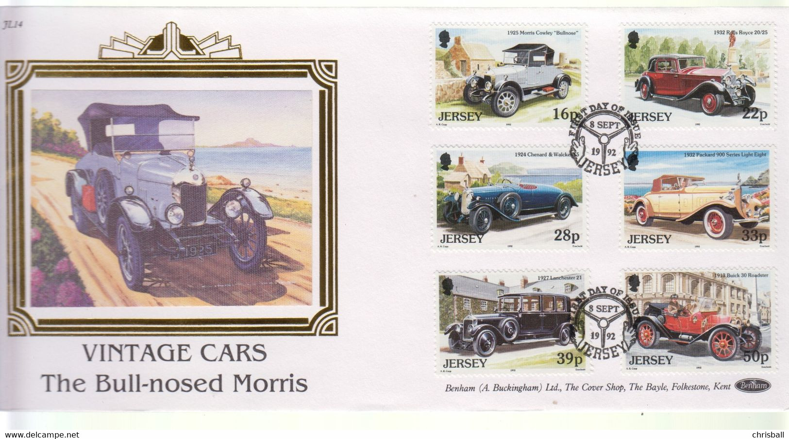 Jersey 1992 Vintage Cars Set 6 On Benham Silk FDC - Jersey