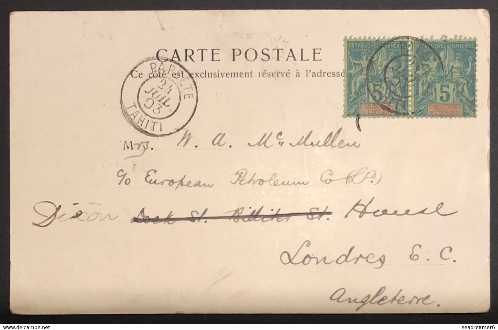 Océanie Carte De TAHITI 1903 N°4 5c En Paire Oblitérée Du Dateur De Papeete Pour Londres TTB - Storia Postale