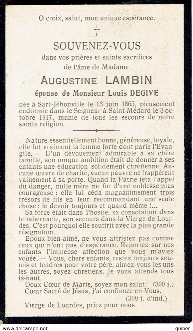 Souvenir Mortuaire Augustine Lambin Sart Jehonville 1917 - Todesanzeige