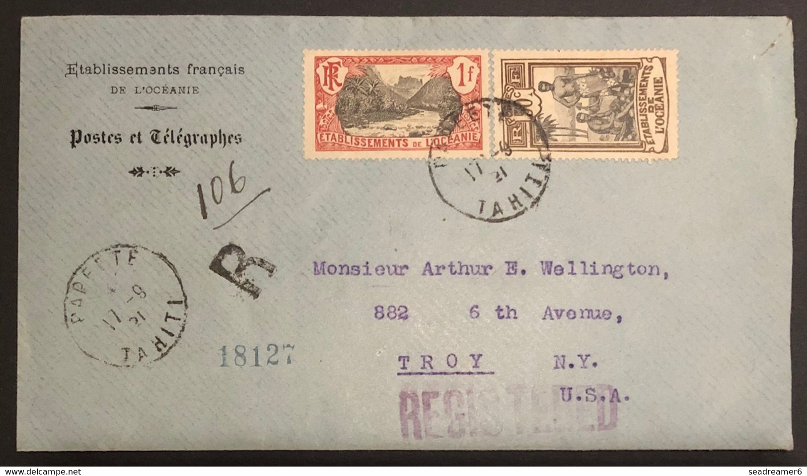 Océanie Lettre Recommandé De TAHITI Tarif 1FR50 Etranger 1921 N°33 & 35 Oblitérés Du Dateur De Papeete Pour TROY USA TTB - Storia Postale