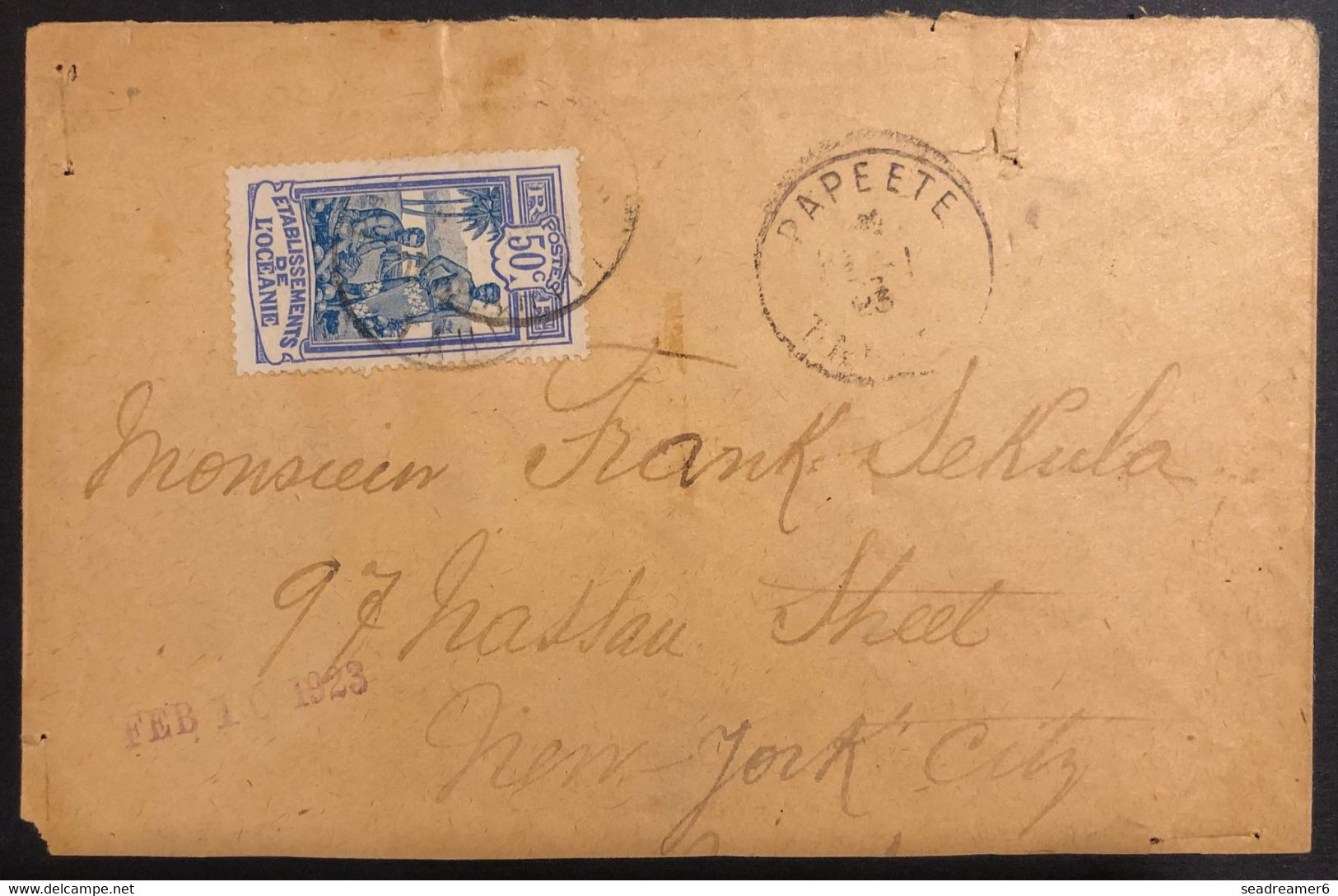 Océanie Lettre De TAHITI Tarif 50c Etranger 1923 N°54 Oblitéré Du Dateur De Papeete Pour New York TTB - Lettres & Documents