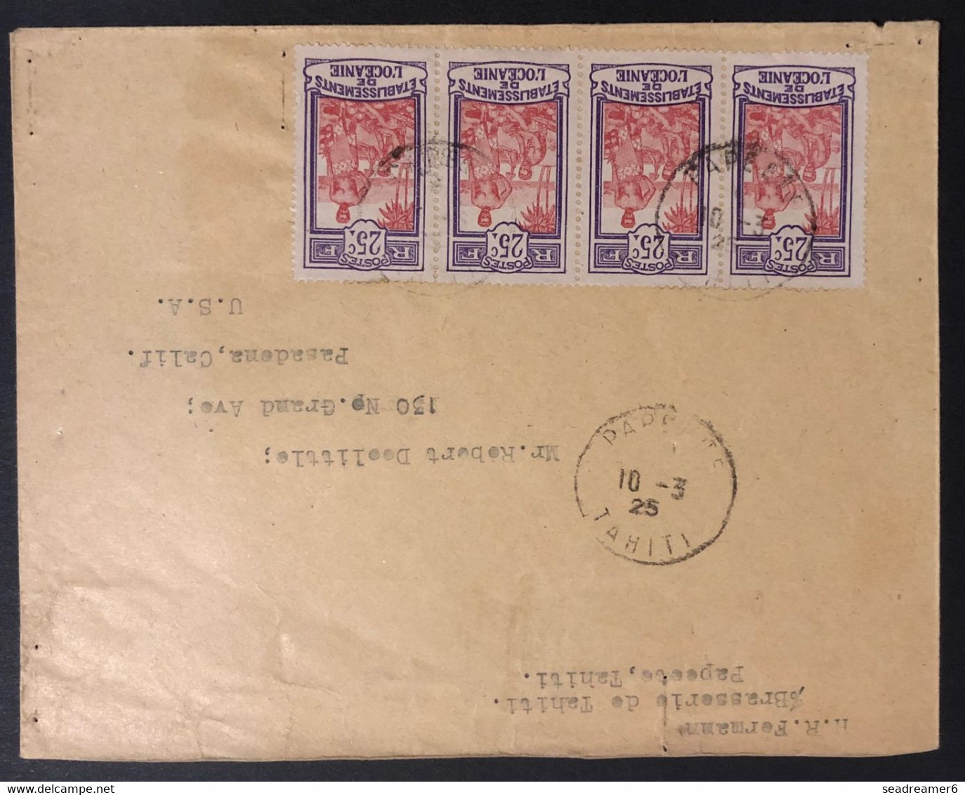 Océanie Lettre De TAHITI 1925 N°51 X4 Oblitérés Du Dateur De Papeete Pour Pasadena USA TTB - Briefe U. Dokumente