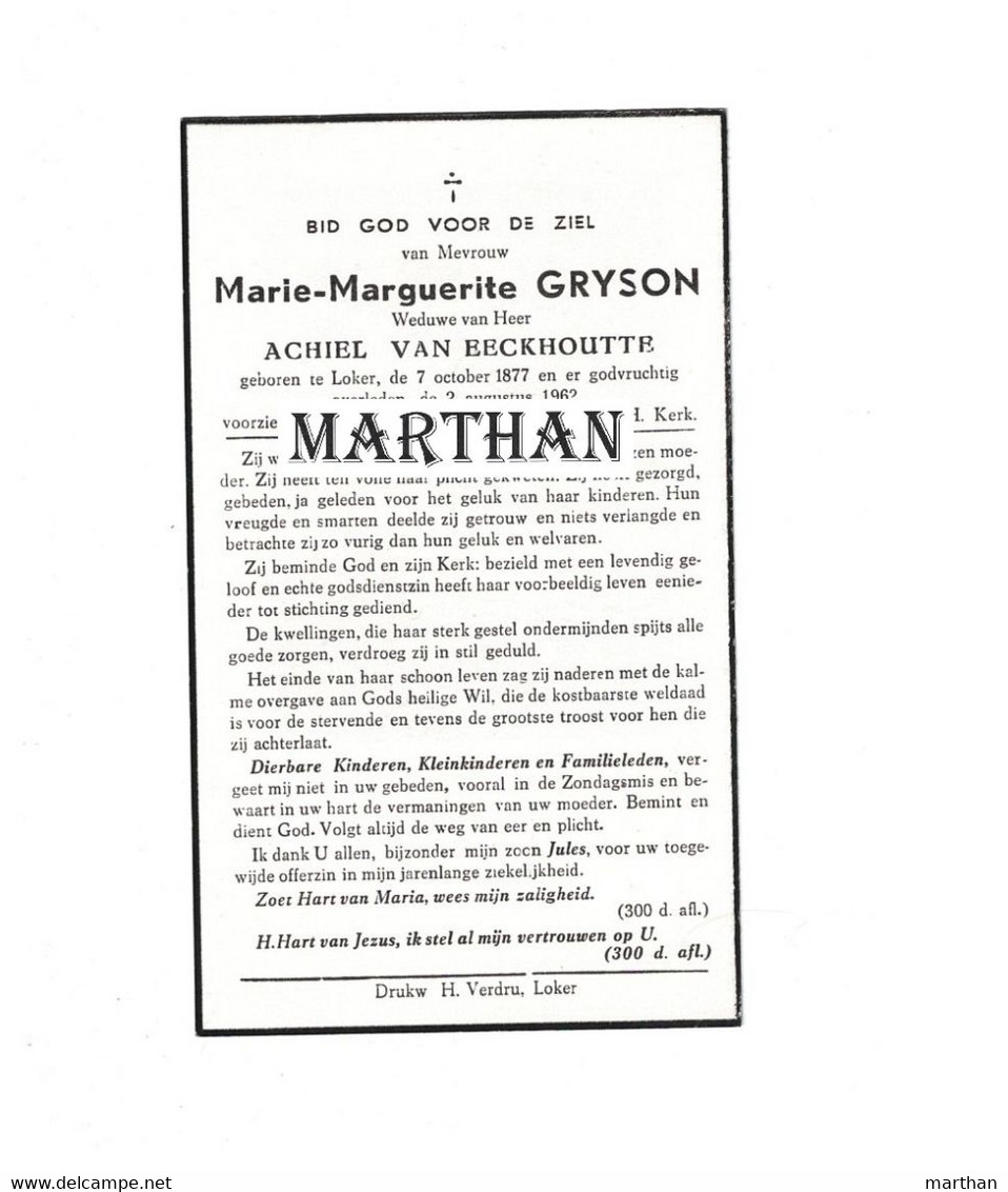 DOODSPRENTJE GRYSON MARIE LOKER 1877 - LOKER 1962 WEDUWE VAN EECKHOUTTE - Devotion Images