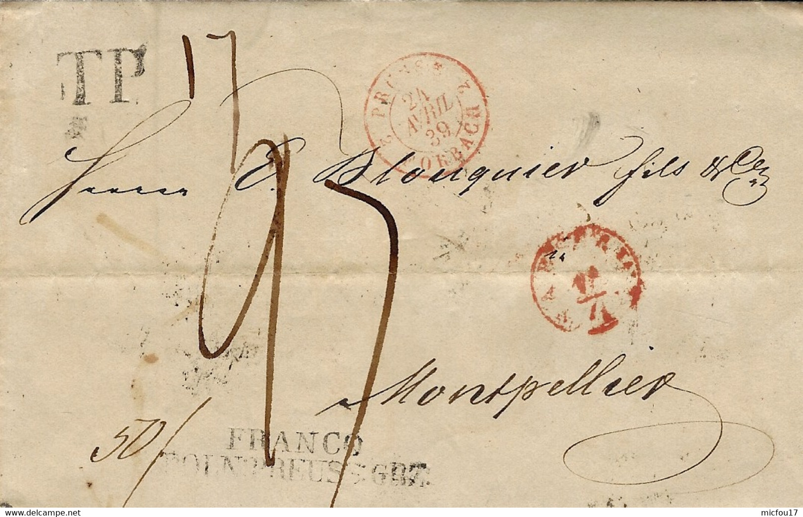1839 - Letter From Warshau  To Montpellier ( South Of France )  " FRANCO / POLN:PREUSS :GBZ:  " Black  + French Entrance - ...-1860 Préphilatélie