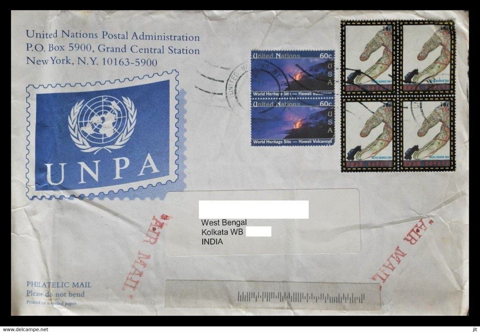 165.UNITED NATIONS 2008 USED COVER TO INDIA WITH STAMPS ,WORLD HERITAGE SITES, ROAD SAFETY. - Brieven En Documenten