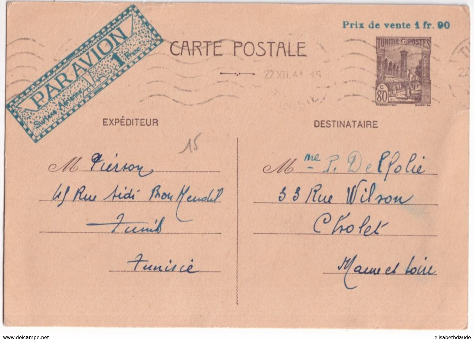 TUNISIE - 1941 - CARTE ENTIER POSTAL Avec SURTAXE AERIENNE 1 F ! De TUNIS => CHOLET - Briefe U. Dokumente