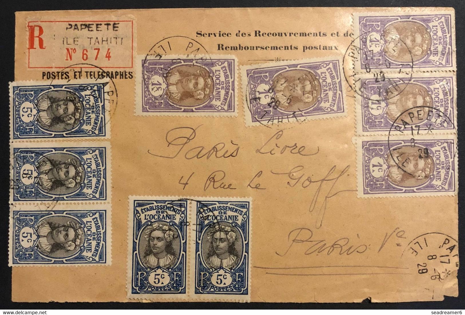 Océanie Lettre Recommandé TAHITI Tarif Des Recouvrements1929 N°21 X4 & 47x4 Oblitéré Du Dateur De Papeete Pour Paris TTB - Lettres & Documents