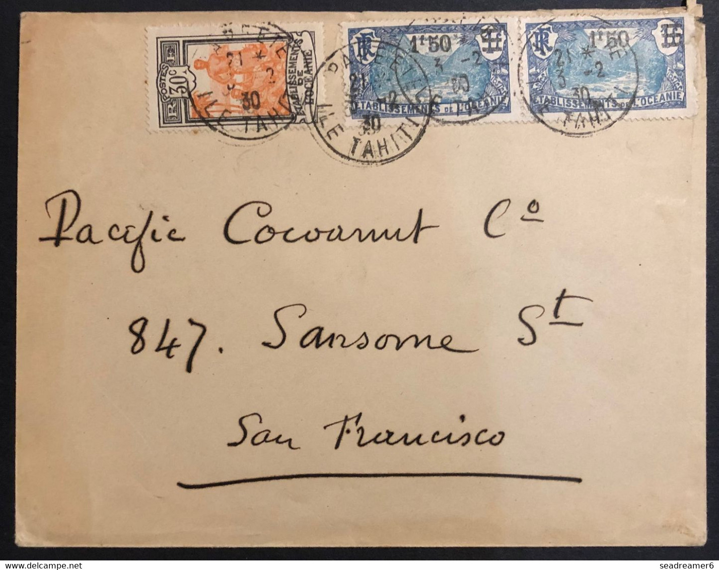 Océanie Lettre TAHITI Tarif 3FR30 1929 N°53 & 64 X2 Oblitérés Du Dateur De Papeete Pour San Fransisco TTB - Brieven En Documenten