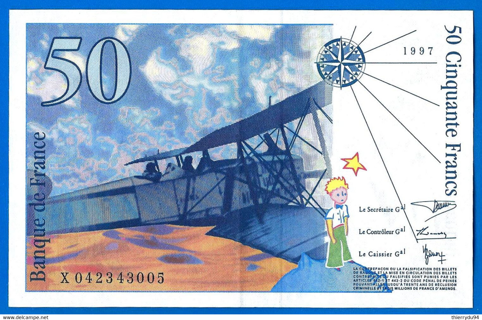 France 50 Francs 1997 Serie X Que Prix + Port Avion Bi Plan Saint Exupery Frcs Frc Paypal Bitcoin OK - 50 F 1992-1999 ''St Exupéry''