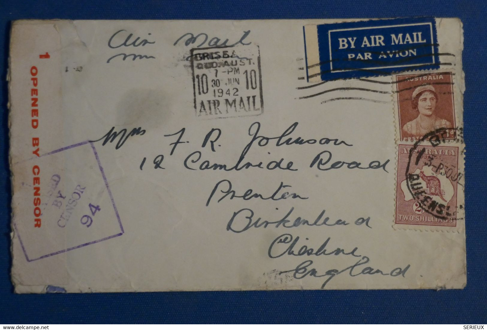 AK4 AUSTRALIA   BELLE LETTRE CENSUREE 1942 QUEENSLAND   POUR BIRKENHEAD  ENGLAND  + AEROPHILATELIE +AFFRANCH PLAISANT - Storia Postale