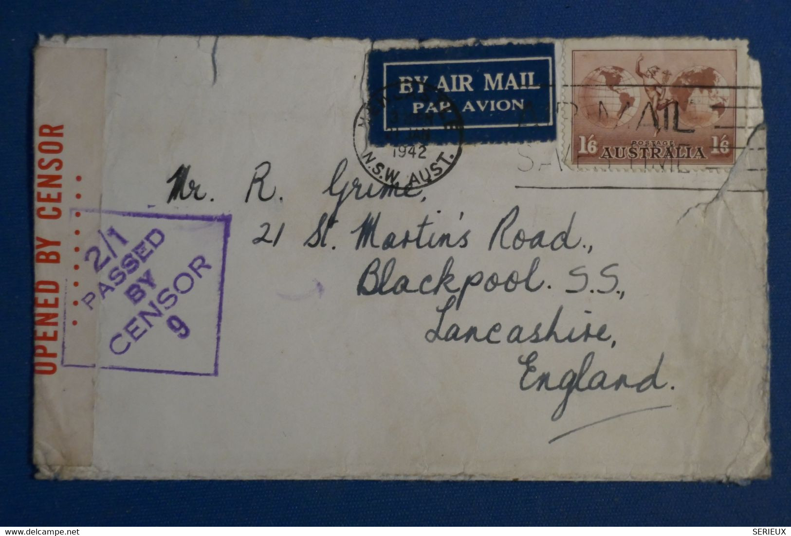 AK4 AUSTRALIA   BELLE LETTRE CENSUREE 1942     POUR BBLACKPOOL  ENGLAND  + AEROPHILATELIE +AFFRANCH PLAISANT - Briefe U. Dokumente