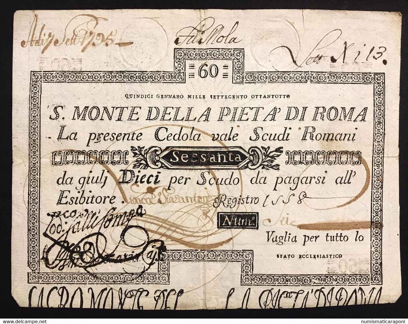 SACRO MONTE DI PIETA' ROMA 15 01 1788 60 SCUDI Ottimo Esemplare Bb+ Foro Centrale R2 LOTTO 3675 - [ 9] Collections