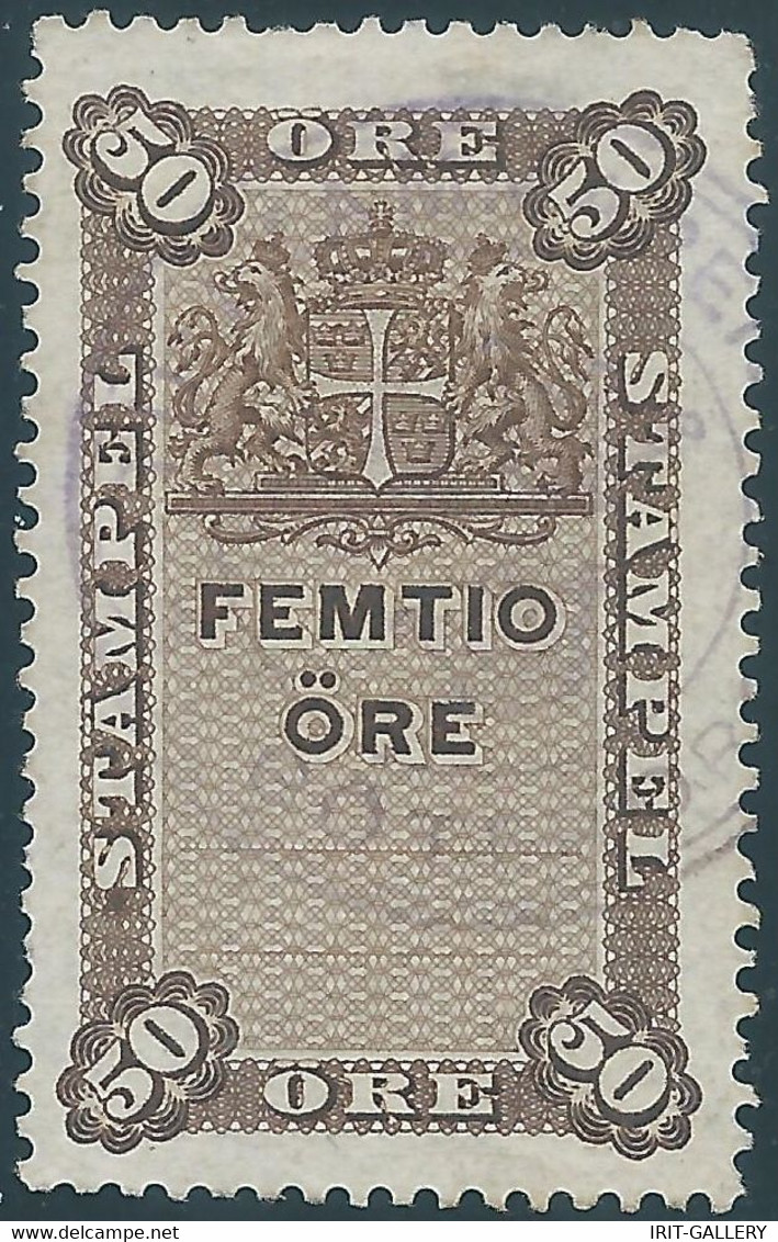 Suède-Sweden-Schweden,SVERIGE,Svezia - 1920 Revenue Stamp Fiscal Tax Stampel 50 öre .Obliterated - Steuermarken