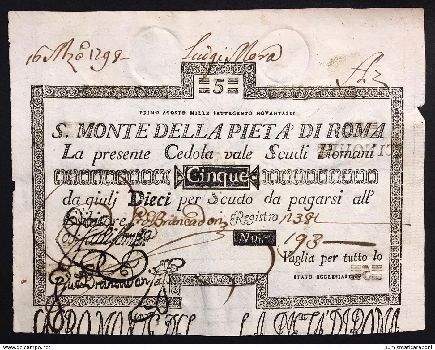 SACRO MONTE DI PIETA' ROMA 01 08 1796 5 SCUDI Spl Piccole Mancanze LOTTO 3678 - [ 9] Collections