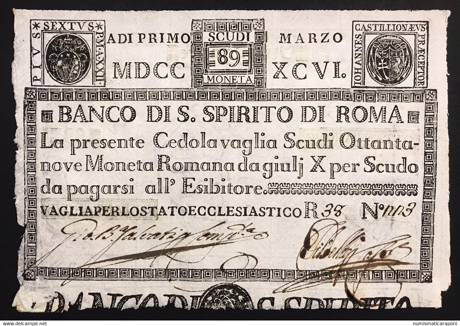 Banco Di Santo Spirito Di Roma 89 Scudi 01 03 1796 Ottimo Esemplare  Spl Lotto.3681 - [ 9] Verzamelingen