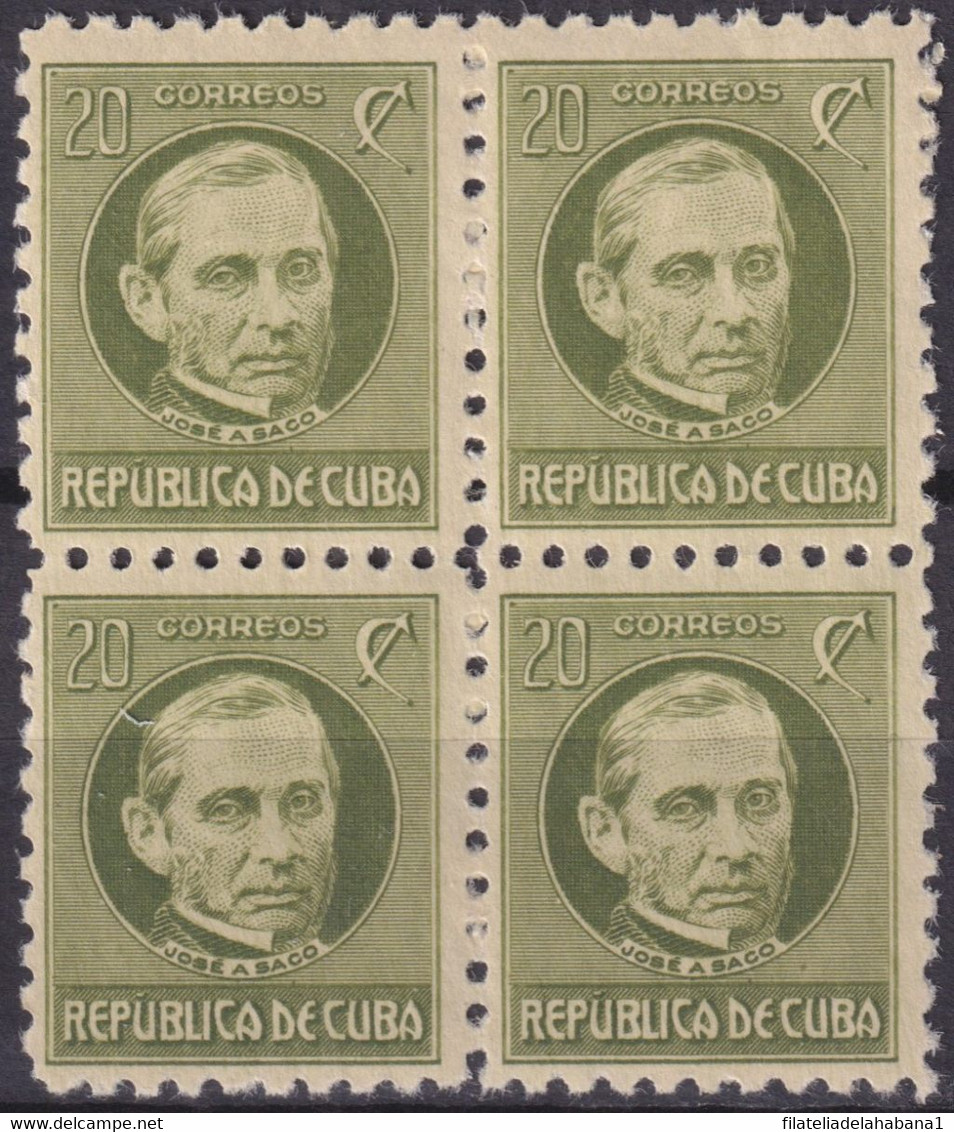 1917-394 CUBA REPUBLICA 1917 20c PATRIOT JOSE ANTONIO SACO BLOCK 4 ORIGINAL GUM. - Nuevos